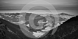 Oltrepo Pavese winter panorama. Black and white photo