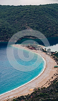 Oludeniz Beach and Blue Lagoon, Fethiye, Mugla, Turkey. Amazing Oludeniz beach landscape. Summer and holiday concept.