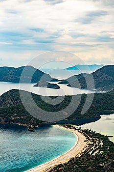 Oludeniz Beach and Blue Lagoon, Fethiye, Mugla, Turkey. Amazing Oludeniz beach landscape. Summer and holiday concept. Landscape