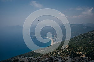 Oludeniz blue lagoon and sand beach in Fethiye, Turkey.