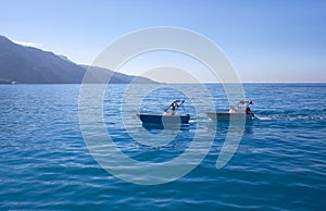 Salvor man on salvage ship over calm sea, Turkey