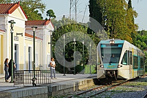 Olympia, Greece, 17 July 2018, A train arrives in the small railway station of Olympia