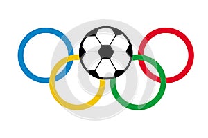 Olympiad rings with soccer ball. Olympiad symbol on isolated background. Sports games logo. Flat illustration