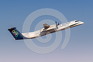 Olympic Air Bombardier DHC-8-400 airplane Athens airport in Greece