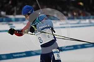 Olympic champion Martin Fourcade of France competes in biathlon men`s 12.5km pursuit at the 2018 Winter Olympics