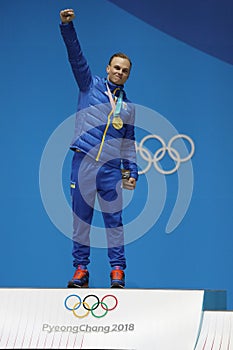 Olympic champion Oleksandr Abramenko of Ukraine celebrates victory in the Men`s Aerials Freestyle Skiing at the 2018 Olympics