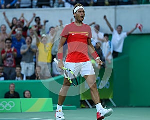 Olympic champion Rafael Nadal of Spain in action during men`s singles semifinal match of the Rio 2016 Olympic Games