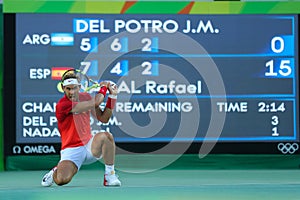 Olympic champion Rafael Nadal of Spain in action during men`s singles semifinal match of the Rio 2016 Olympic Games