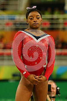 Olympic champion Simone Biles of United States before final competition on the balance beam women`s artistic gymnastics Rio 2016