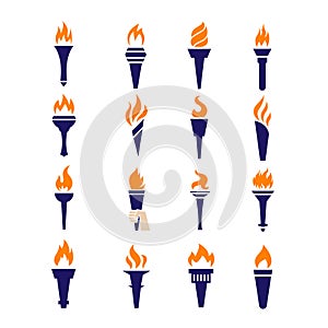 Olympic fire torch victory championship flame flat vector icons set