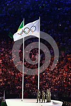 Olympic Flag in the Maracana Olympic stadium during the opening ceremony of Rio 2016 Summer Olympic Games in Rio de Janeiro