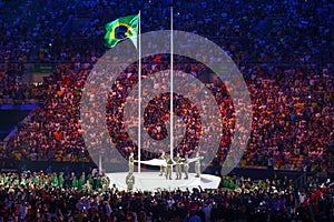 The Olympic Flag in the Maracana Olympic stadium during the opening ceremony of Rio 2016 Summer Olympic Games in Rio de Janeiro