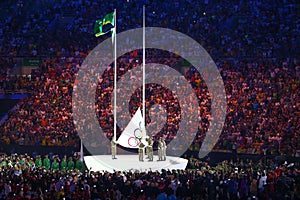 The Olympic Flag in the Maracana Olympic stadium during the opening ceremony of Rio 2016 Summer Olympic Games in Rio de Janeiro