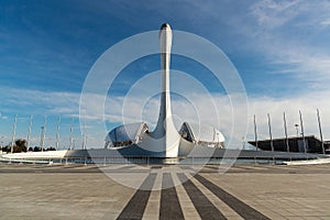 The Olympic Flame Bowl and the Fisht Football Stadium in the Olympic Park in the city of Sochi, Russia -31 March 2019