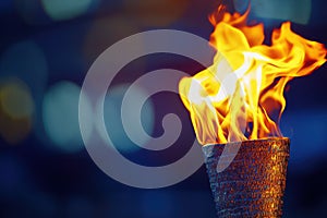 Olympic flame burns in torch near sports arena photo