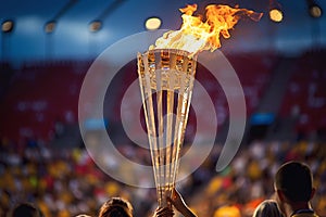 Olympic flame held by sportsperson against stadium tribunes