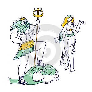 Olympic Gods Poseidon or Neptune Wearing Crown and Trident, God of Sea and Ocean and Aphrodite or Venus Goddess