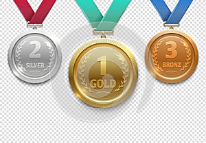 Olympic gold, silver and bronze award medals, winner honor prize vector set