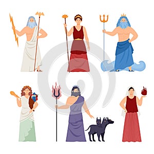 Olympic Greek antique gods characters set, flat vector illustration isolated.