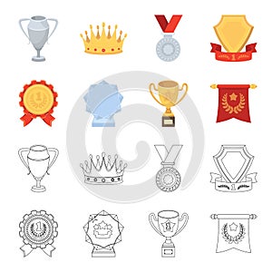 An Olympic medal for the first place, a crystal ball, a gold cup on a stand, a red pendant.Awards and trophies set