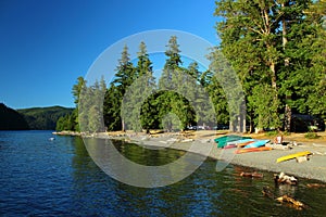 Olympic National Park, Beach and Boats at Crescent Lake in Evening Light, Pacific Northwest, Washington State, USA