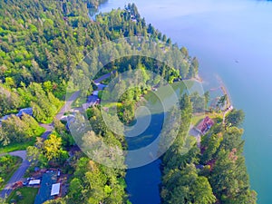 Olympic Penninsula aerial photos of the Puget Sound and land with houses near Olympia, WA