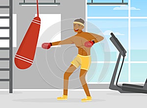 Olympic Sport with Man Kicking Punching Bag with Gloves Boxing Vector Illustration