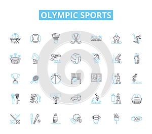 Olympic sports linear icons set. Gymnastics, Swimming, Diving, Cycling, Running, Jumping, Tennis line vector and concept