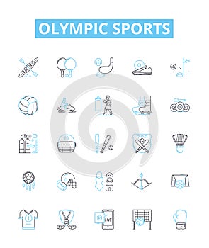 Olympic sports vector line icons set. Track, Field, Swimming, Soccer, Gymnastics, Fencing, Shooting illustration outline