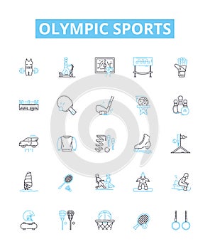 Olympic sports vector line icons set. Track, Field, Swimming, Soccer, Gymnastics, Fencing, Shooting illustration outline