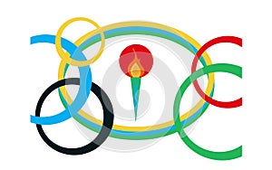 Olympic torch against the background of the Olympic rings. Japan Olympics 2021. Element for design flyers, business