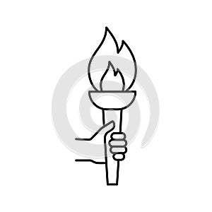 Olympic torch with fire in hand, line icon. Burning Olympic torch symbol of sport games. Competition of athletes in