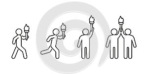 Olympic torch with fire in hands of people, line icon. Burning Olympic torch symbol of sport games. Competition of