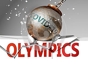 Olympics and coronavirus, symbolized by the virus destroying word Olympics to picture that covid-19  affects Olympics and leads to