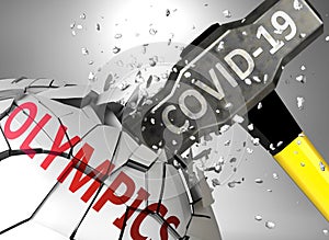 Olympics and Covid-19 virus, symbolized by virus destroying word Olympics to picture that coronavirus affects Olympics and leads