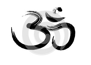 Om, Aum brush symbol, grunge style. Om ink icon Chinese Calligraphy. Samsara logo design. Vector isolated on white