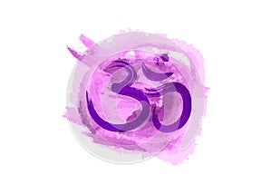 Om, Aum colorful symbol, purple watercolor style. Om ink icon Chinese Calligraphy. Samsara logo design. Vector isolated on white