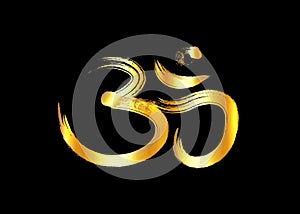 Om, Aum , gold brush symbol, grunge style. Om ink icon Chinese Calligraphy. Samsara logo design. Vector isolated on white