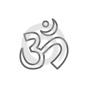 Om or Aum Indian sacred sound symbol, mantra line icon.