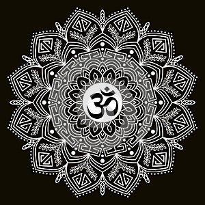 Om or Aum in Sanskrit in the Hindu and Vedic tradition - a sacred sound, the original mantra, the `word of power`