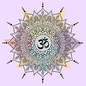 Om or Aum in Sanskrit in the Hindu and Vedic tradition - a sacred sound, the original mantra, the `word of power`