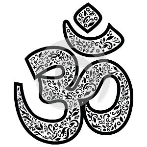 Om sign representing God, Creation, and the Oneness of all creation used in Buddhist and Hindu religions in black and white with photo