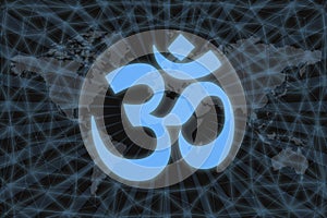 Om symbol, on black background with world map and network. World religion concept
