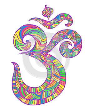 Om symbol sacred sound colorful pattern with maze of ornaments. Psychedelic stylish element Aum. Vector hand drawn