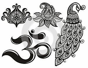 Om vector drawing image.Peacock.Lotus sumbol.Turkish flower symbol. Tattoo set
