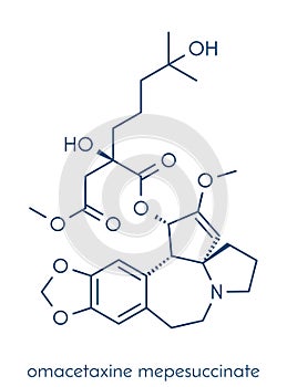 Omacetaxine mepesuccinate cancer drug molecule. Used in treatment of chronic myelogenous leukemia CML. Skeletal formula.