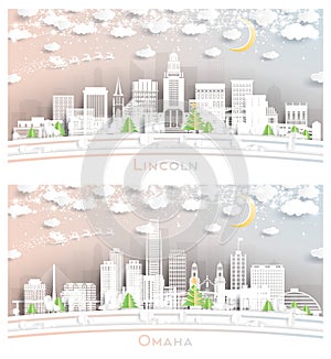 Omaha and Lincoln Nebraska City Skyline Set in Paper Cut Style with Snowflakes, Moon and Neon Garland