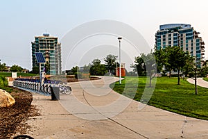 Omaha Plaza at base of Bod Kerrey foot bridge Omaha Nebraska and adjoining Riverfront Road Condominiums.