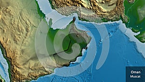 Oman border shape overlay. Bevelled. Physical. Labels