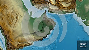 Oman border shape overlay. Bevelled. Relief. Labels